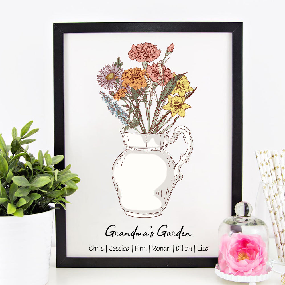 Personalized Birth flower Bouquet Vase Names Frame For Mom/Grandma