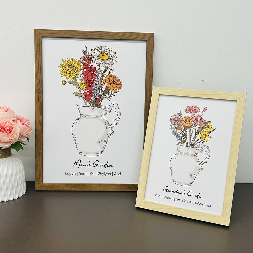 Personalized Birth flower Bouquet Vase Names Frame For Mom/Grandma