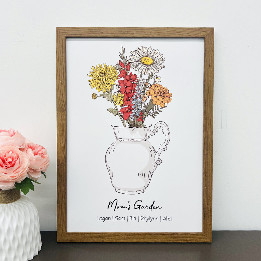 Personalized Birth flower Bouquet Vase Names Frame For Mom/Grandma