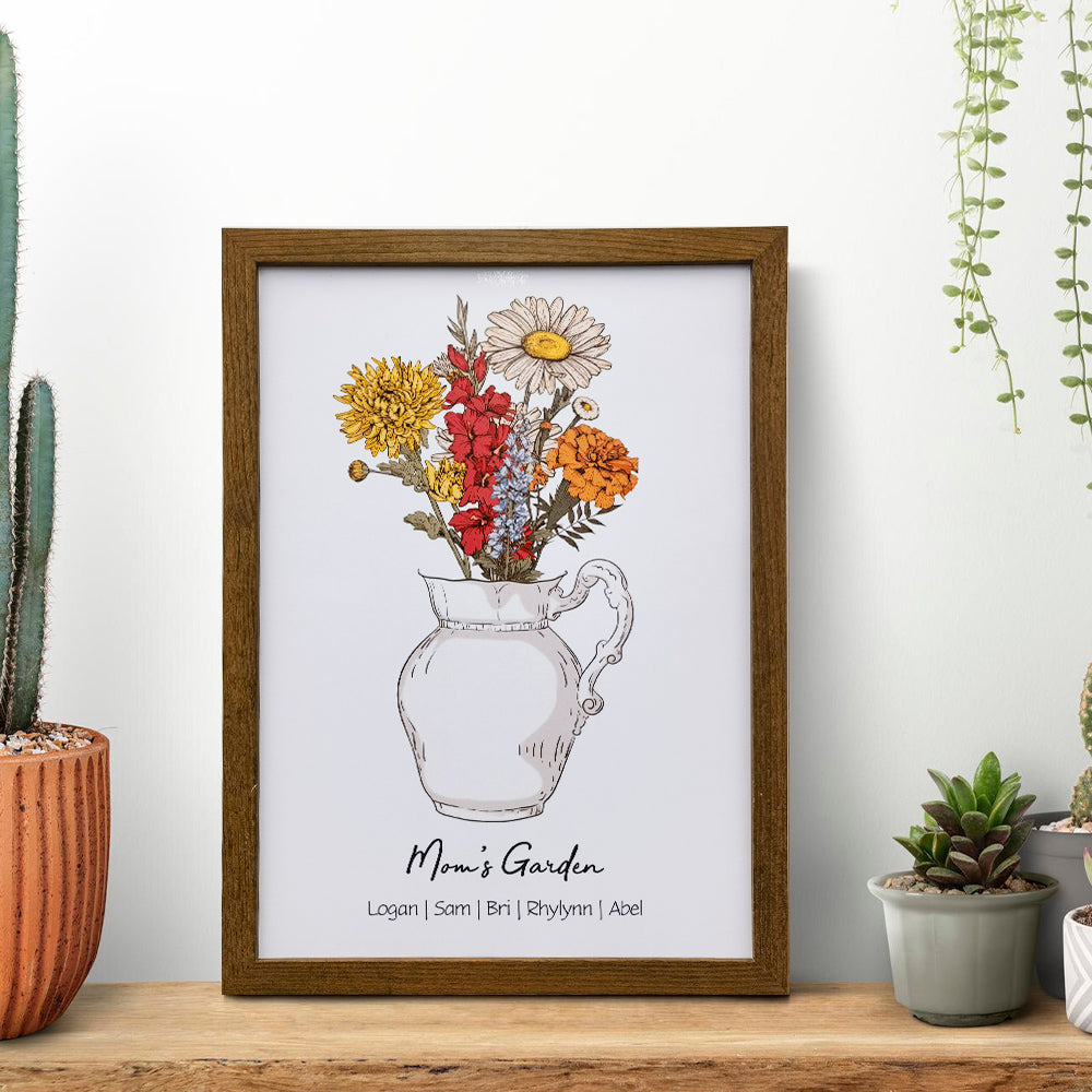 Personalized Birth flower Bouquet Vase Names Frame For Mom/Grandma