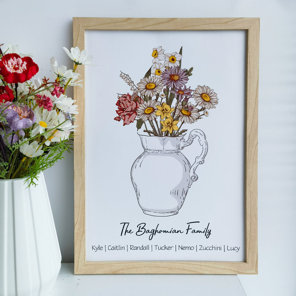 Personalized Birth flower Bouquet Vase Names Frame For Mom/Grandma