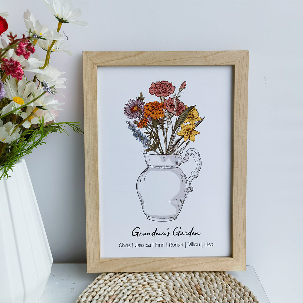 Personalized Birth flower Bouquet Vase Names Frame For Mom/Grandma