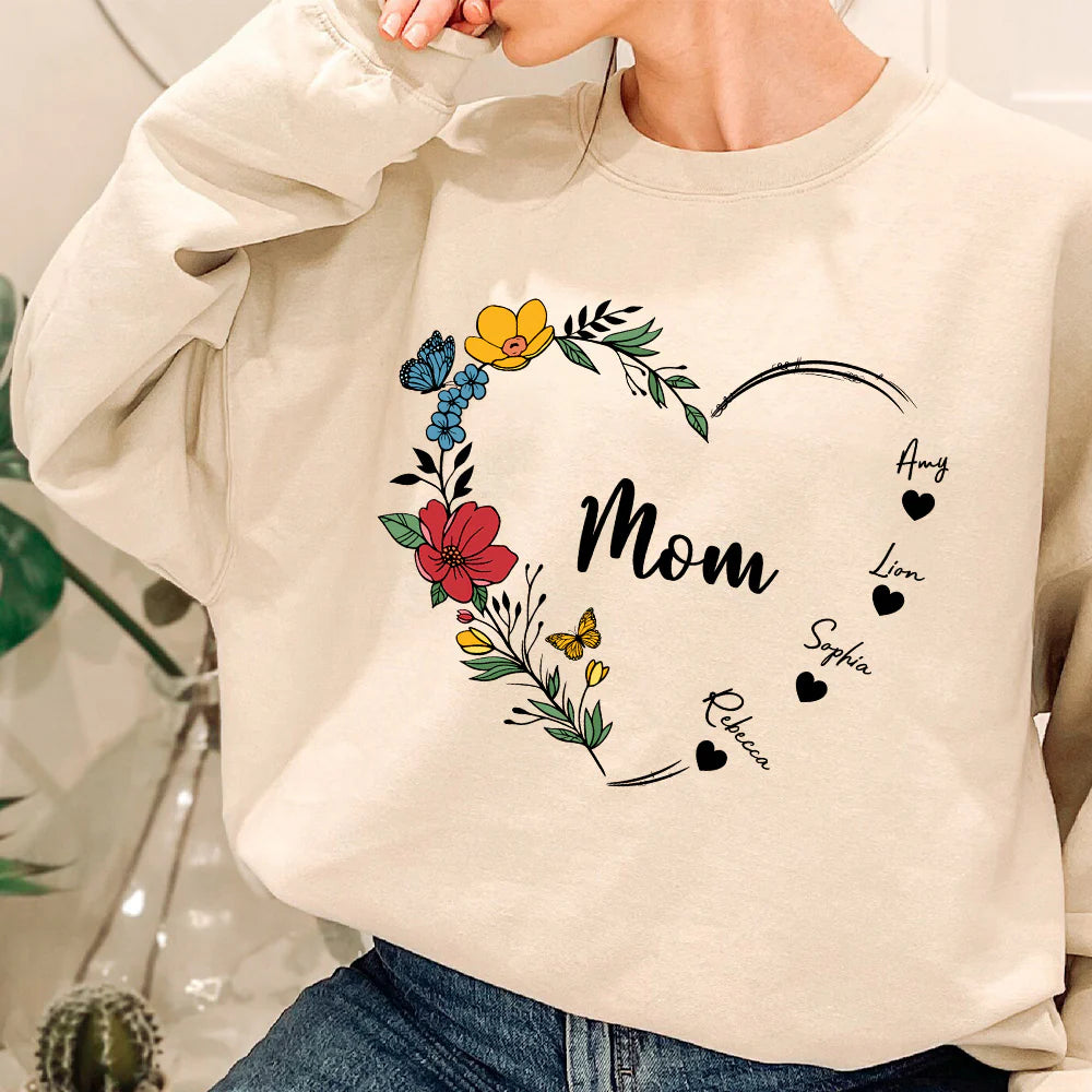 Mom's Flower Heart Customized Names Crewneck/Hoodie