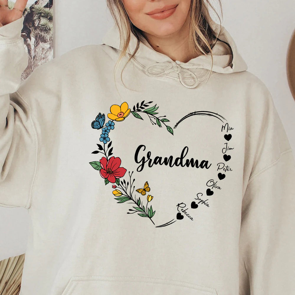 Mom's Flower Heart Customized Names Crewneck/Hoodie