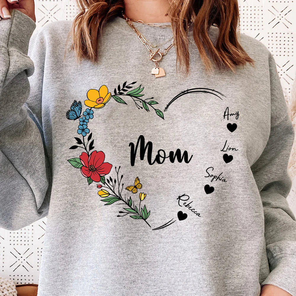 Mom's Flower Heart Customized Names Crewneck/Hoodie