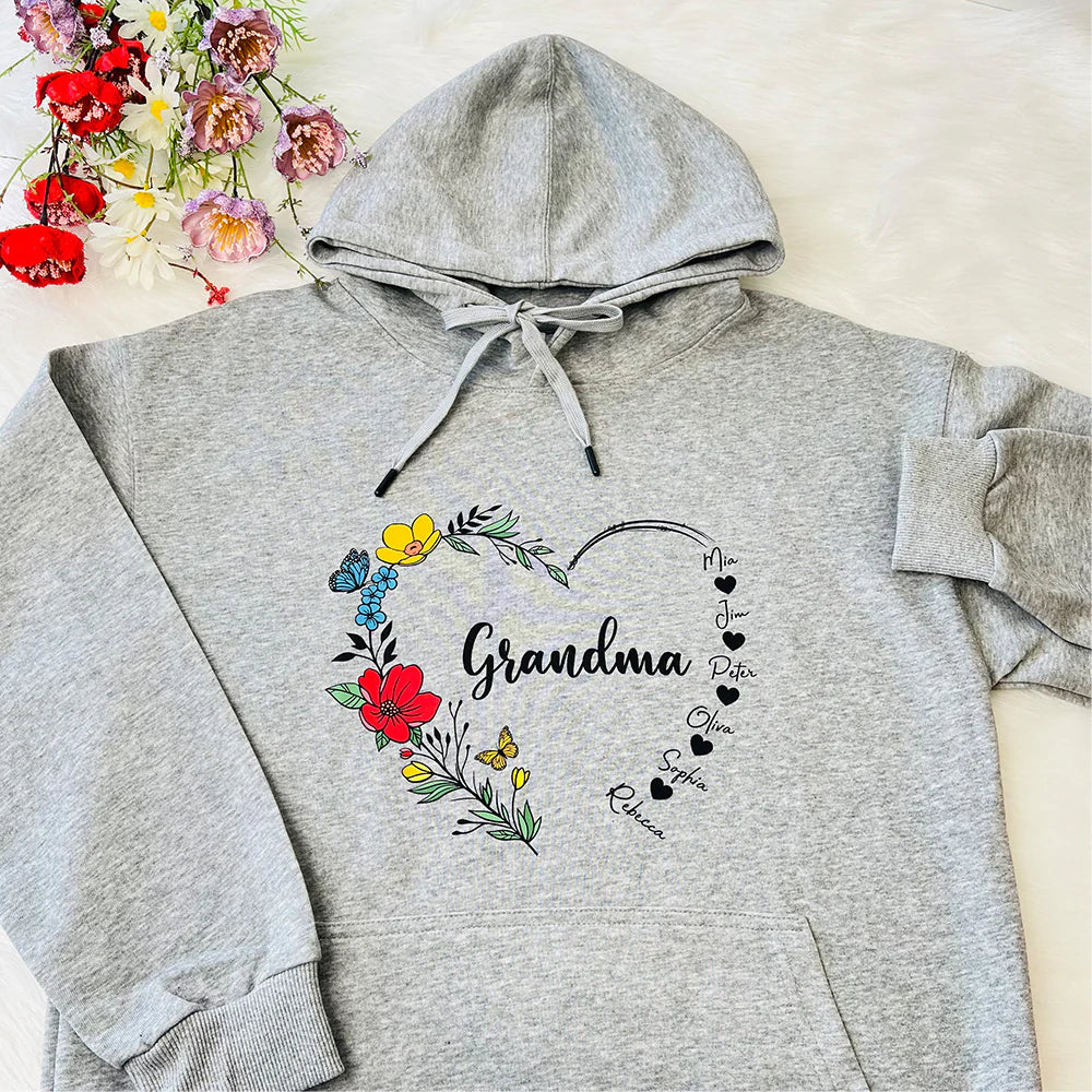 Mom's Flower Heart Customized Names Crewneck/Hoodie