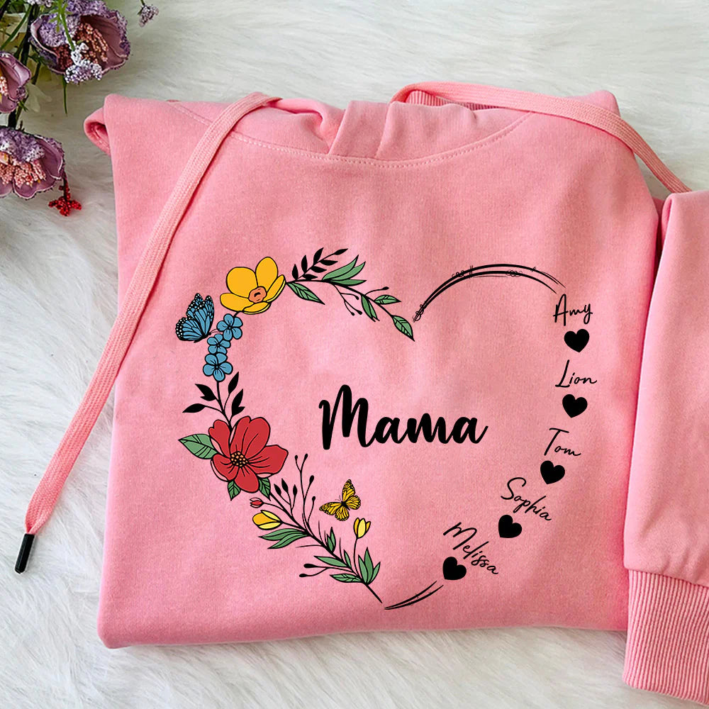 Mom's Flower Heart Customized Names Crewneck/Hoodie