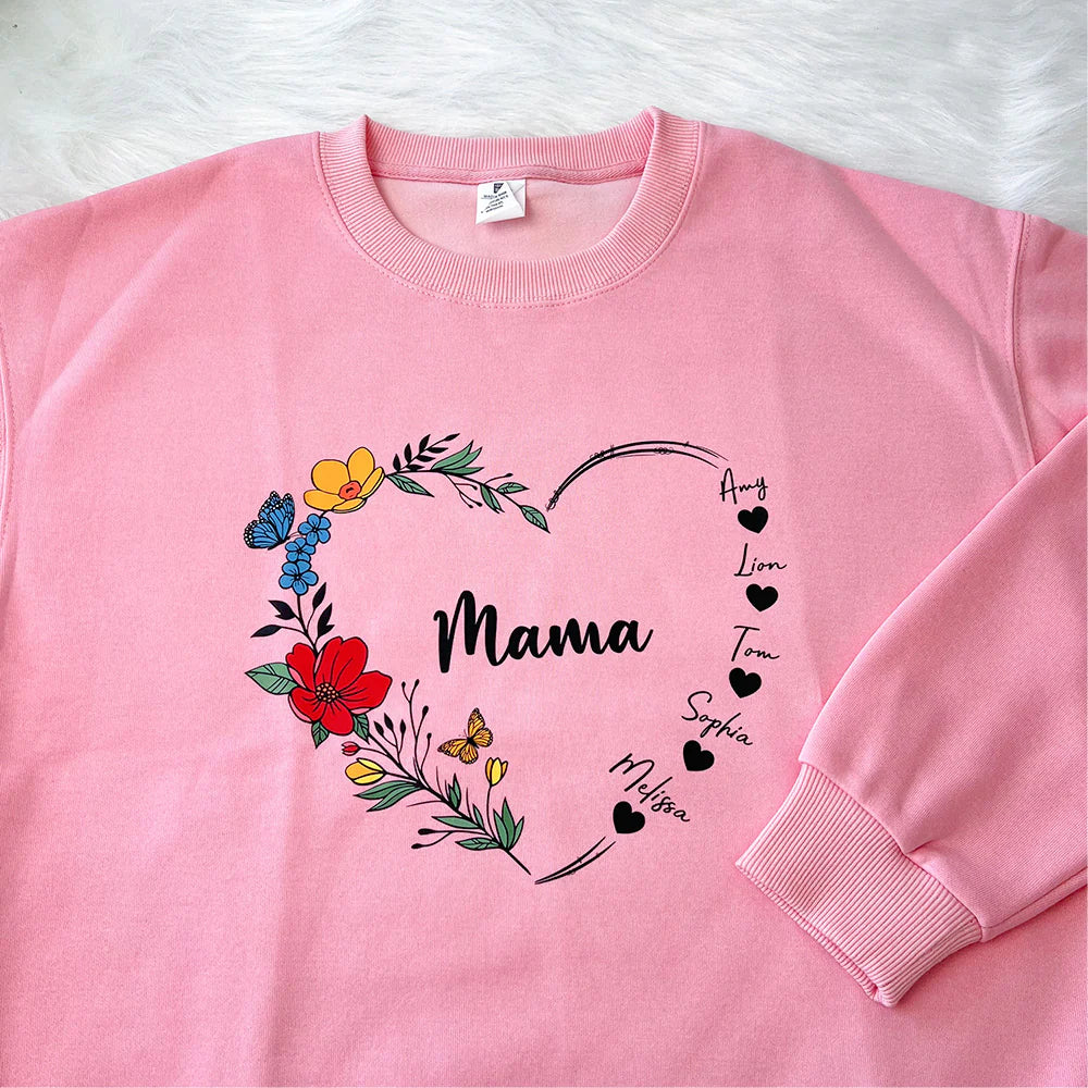 Mom's Flower Heart Customized Names Crewneck/Hoodie