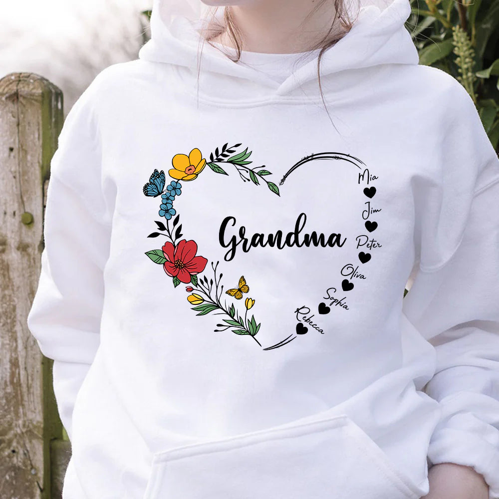 Mom's Flower Heart Customized Names Crewneck/Hoodie