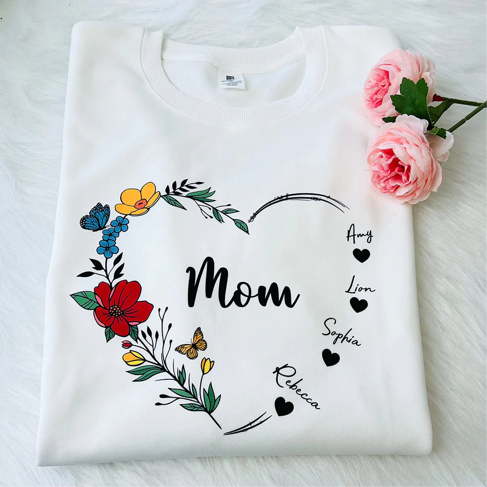 Mom's Flower Heart Customized Names Crewneck/Hoodie