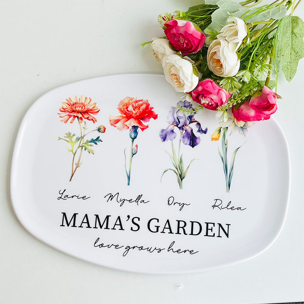 Personalized Mom's Garden Plate with Birthflowers and Names