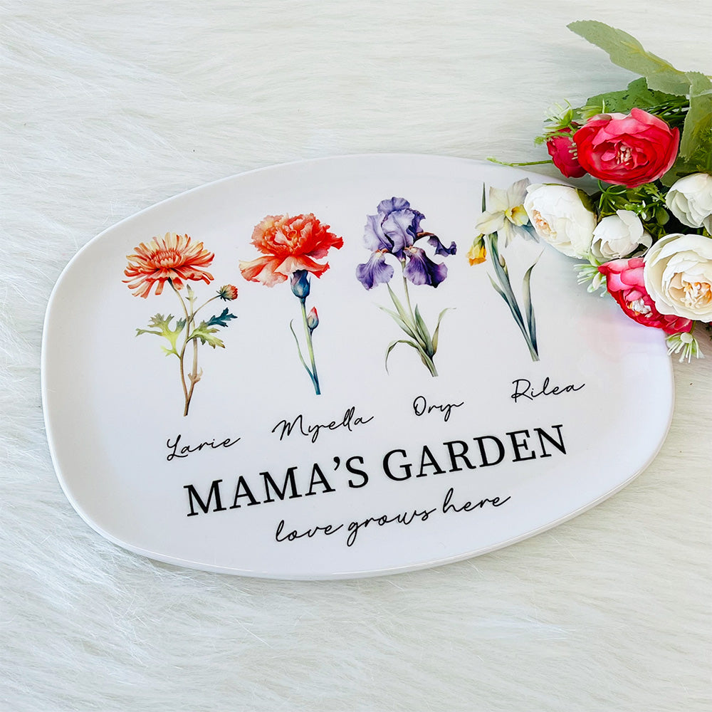 Personalized Mom's Garden Plate with Birthflowers and Names