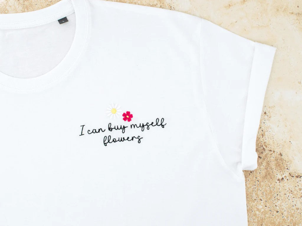 Unisex T-shirt Embroidered with Floral Pattern - Buy Myself Flowers