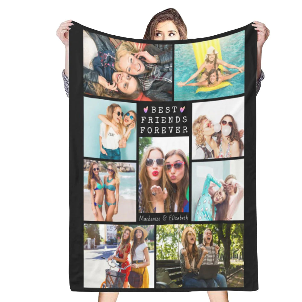 Custom Names 9 Photos Fleece Blanket Gift BEST FRIENDS FOREVER