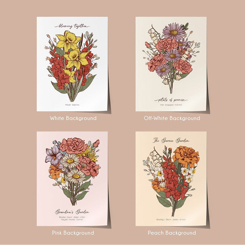 Custom Grandma's Garden Birth Flower Bouquet Art Print For Mother's Day