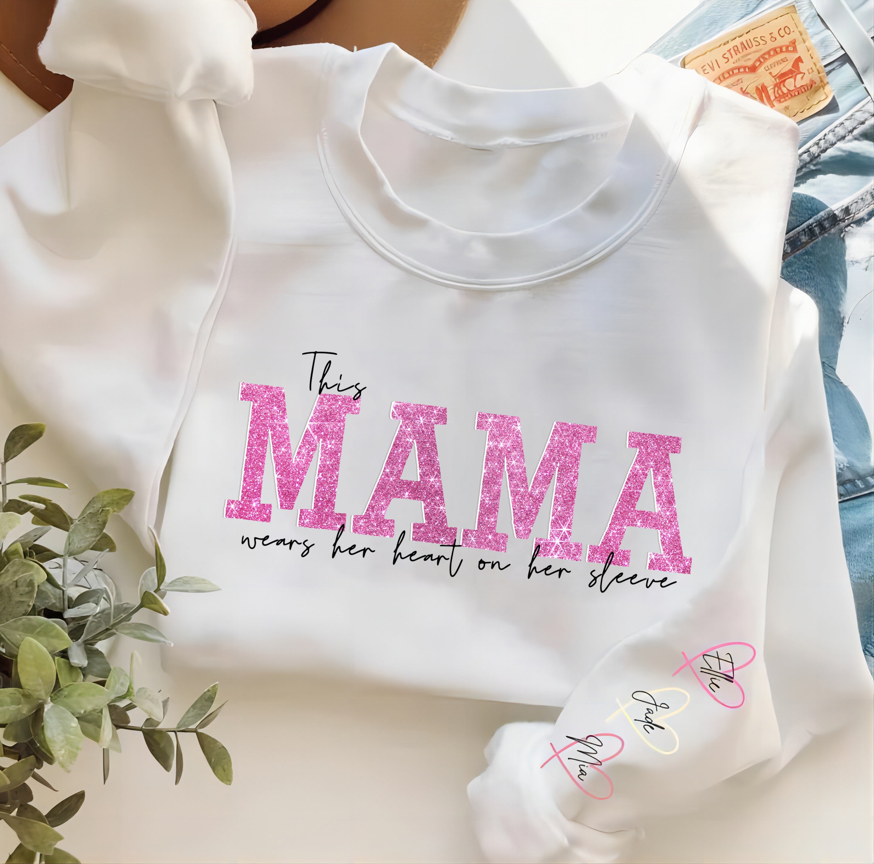 Personalized Wear Heart On Sleeve Mama Sweatshirt with Kid Names on Sleeves Mother's Day Birthday Gift (Customized free)