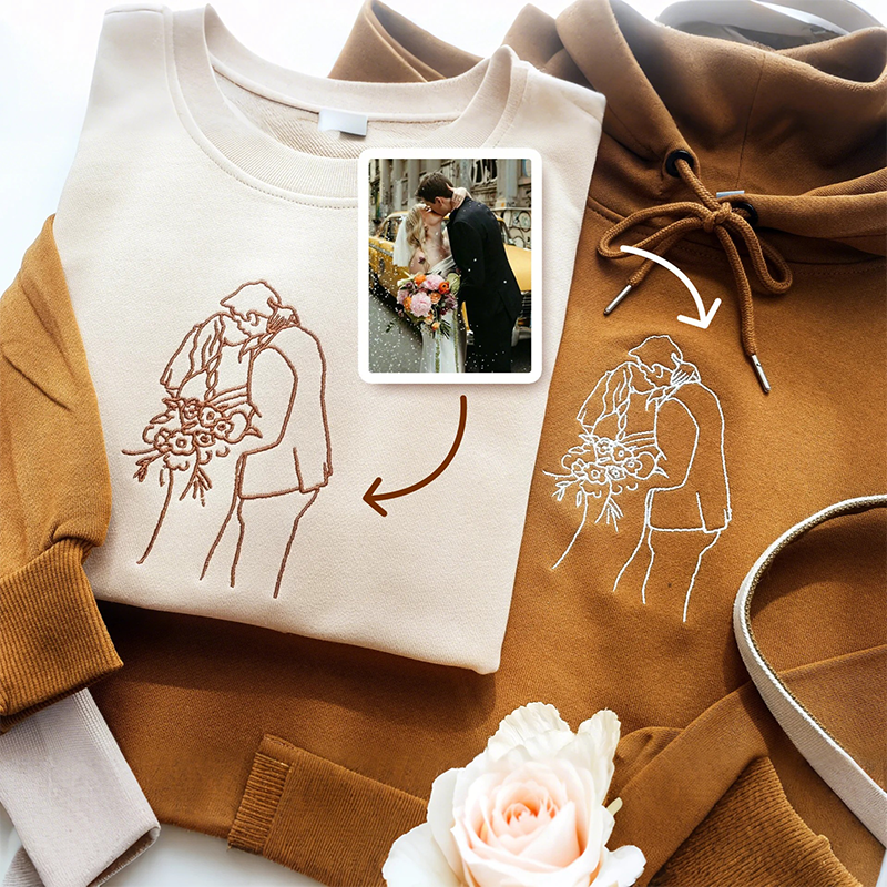 Custom Embroidered Hoodies for Couples - Matching Outline Portrait from Photo