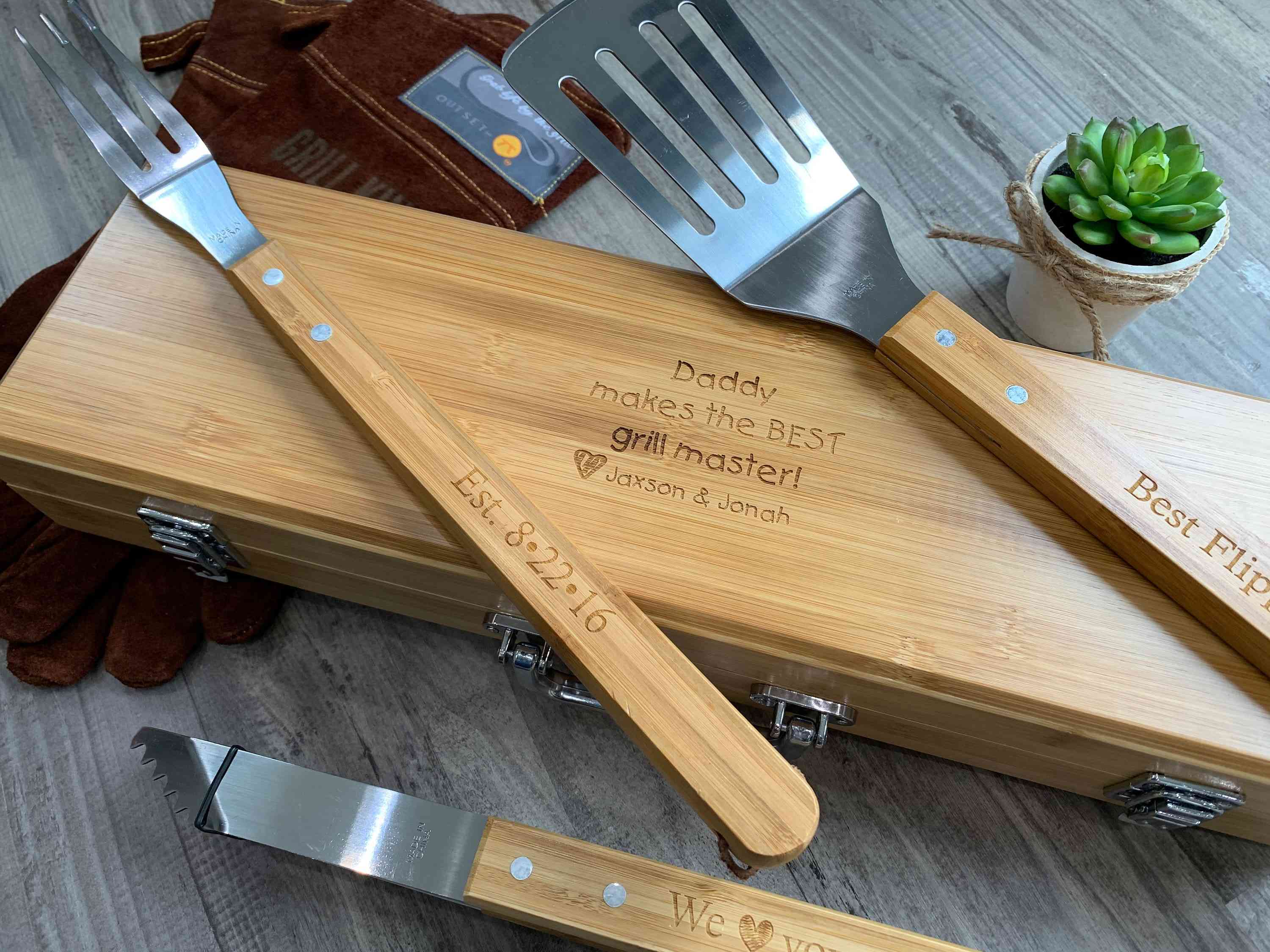 Grill Tools Set | Tong, Spatula, Fork and Storage Box | Personalized Fathers Day Gift