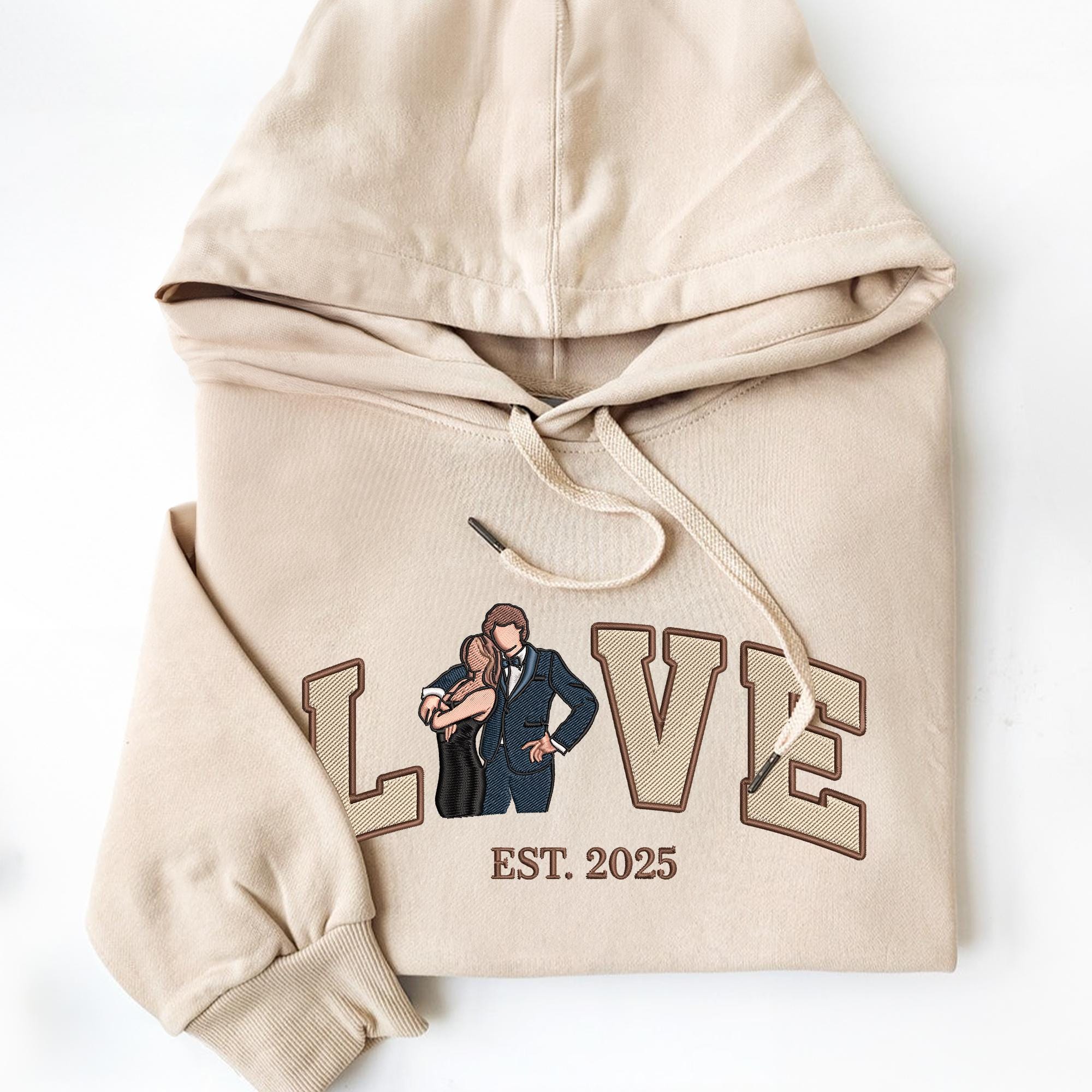 Embroidered Custom Couple Photo Portrait Hoodie With Anniversary Date