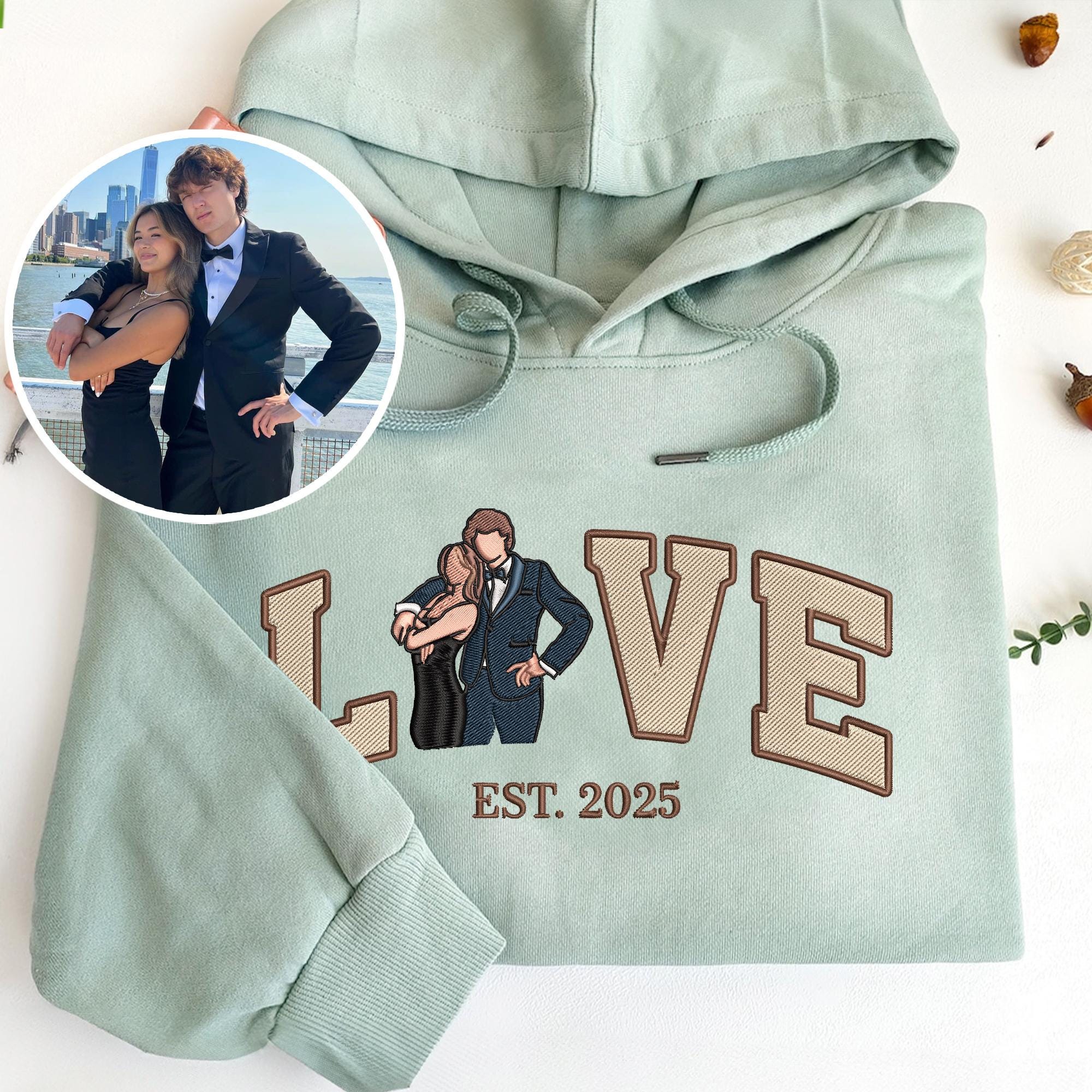 Embroidered Custom Couple Photo Portrait Hoodie With Anniversary Date