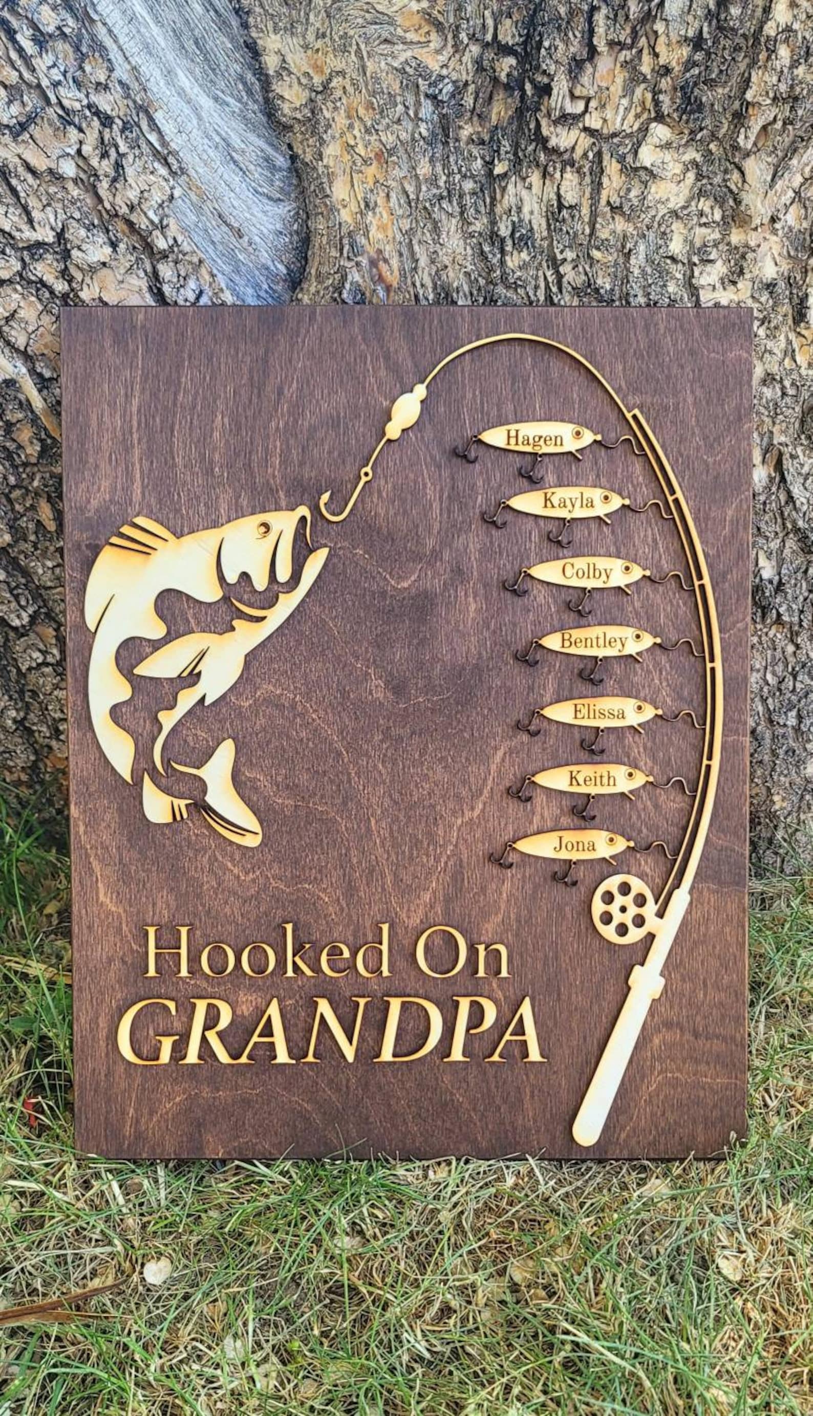 Gift for Papa Hooked on Grandpa/Papa/Dad Birthday Sign Personalized Customized Fishing Trip Gift