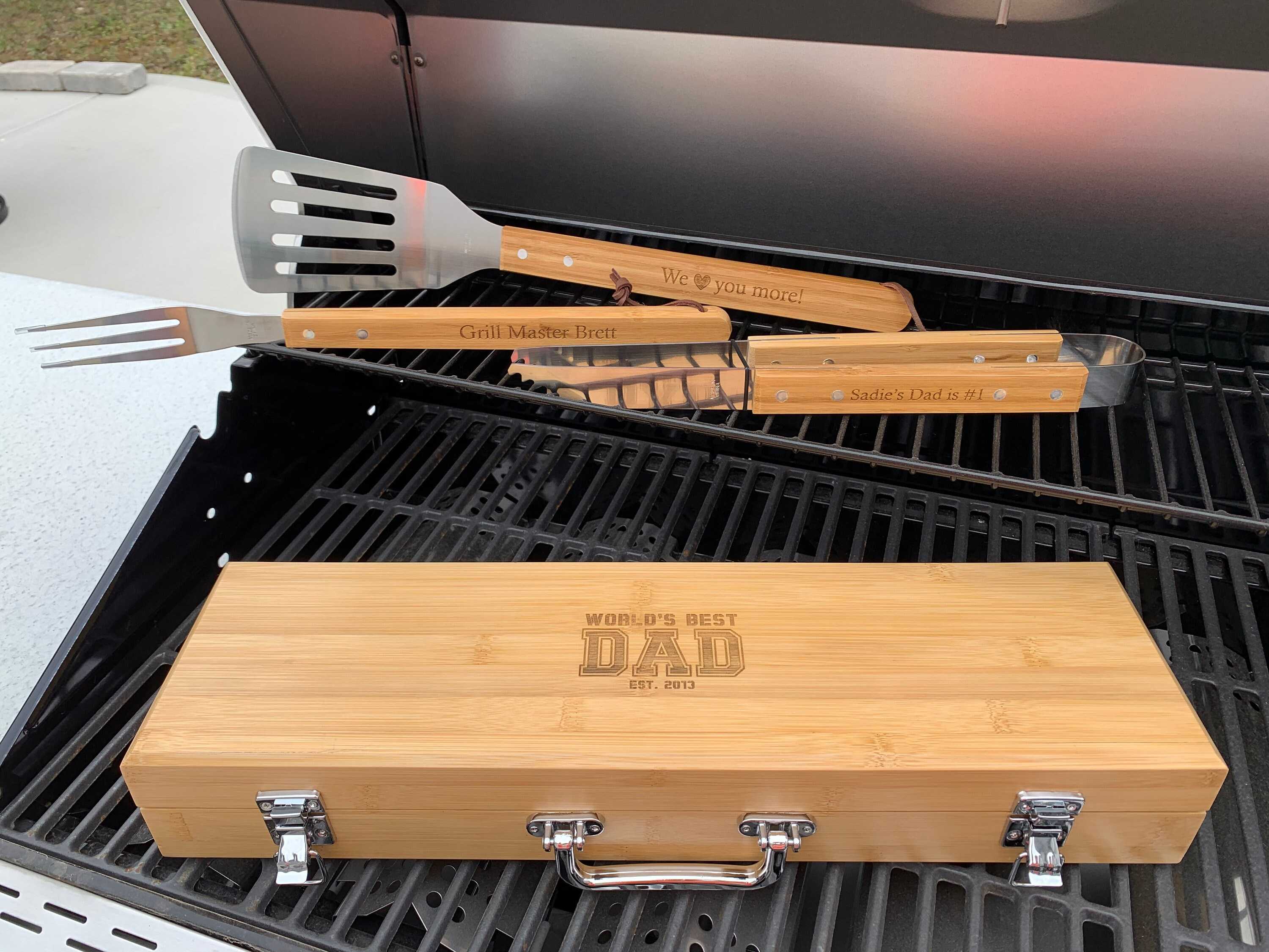 Grill Tools Set | Tong, Spatula, Fork and Storage Box | Personalized Fathers Day Gift