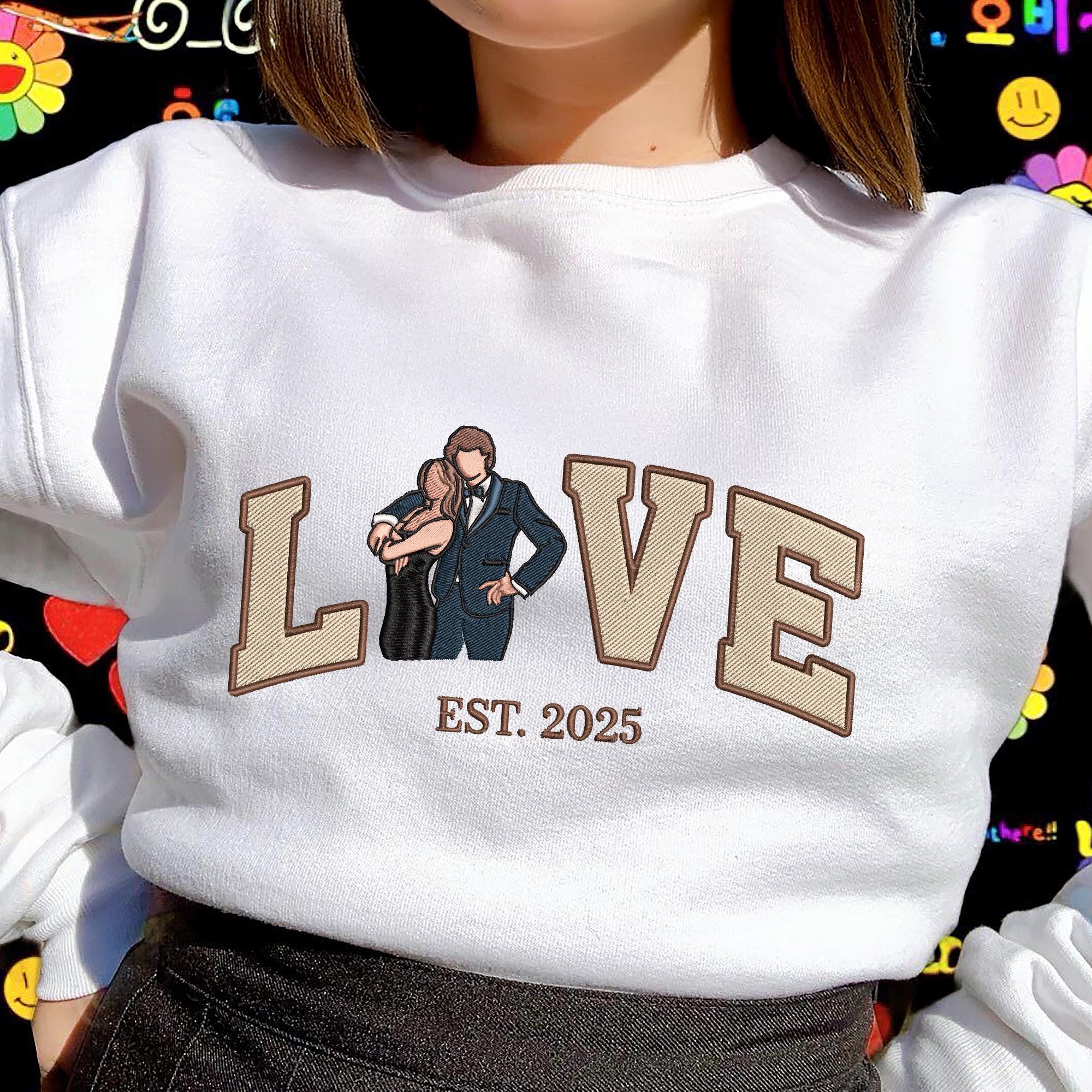 Embroidered Custom Couple Photo Portrait Hoodie With Anniversary Date