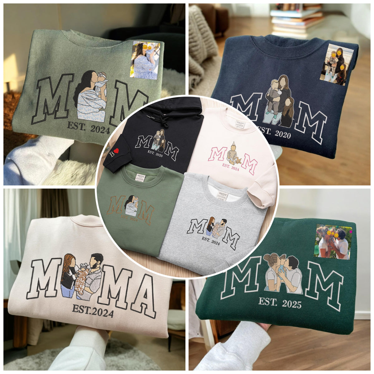 Mama Sweatshirt with Photo, Custom Embroidered Hoodie Mama and Kids Portrait, Varsity Shirt