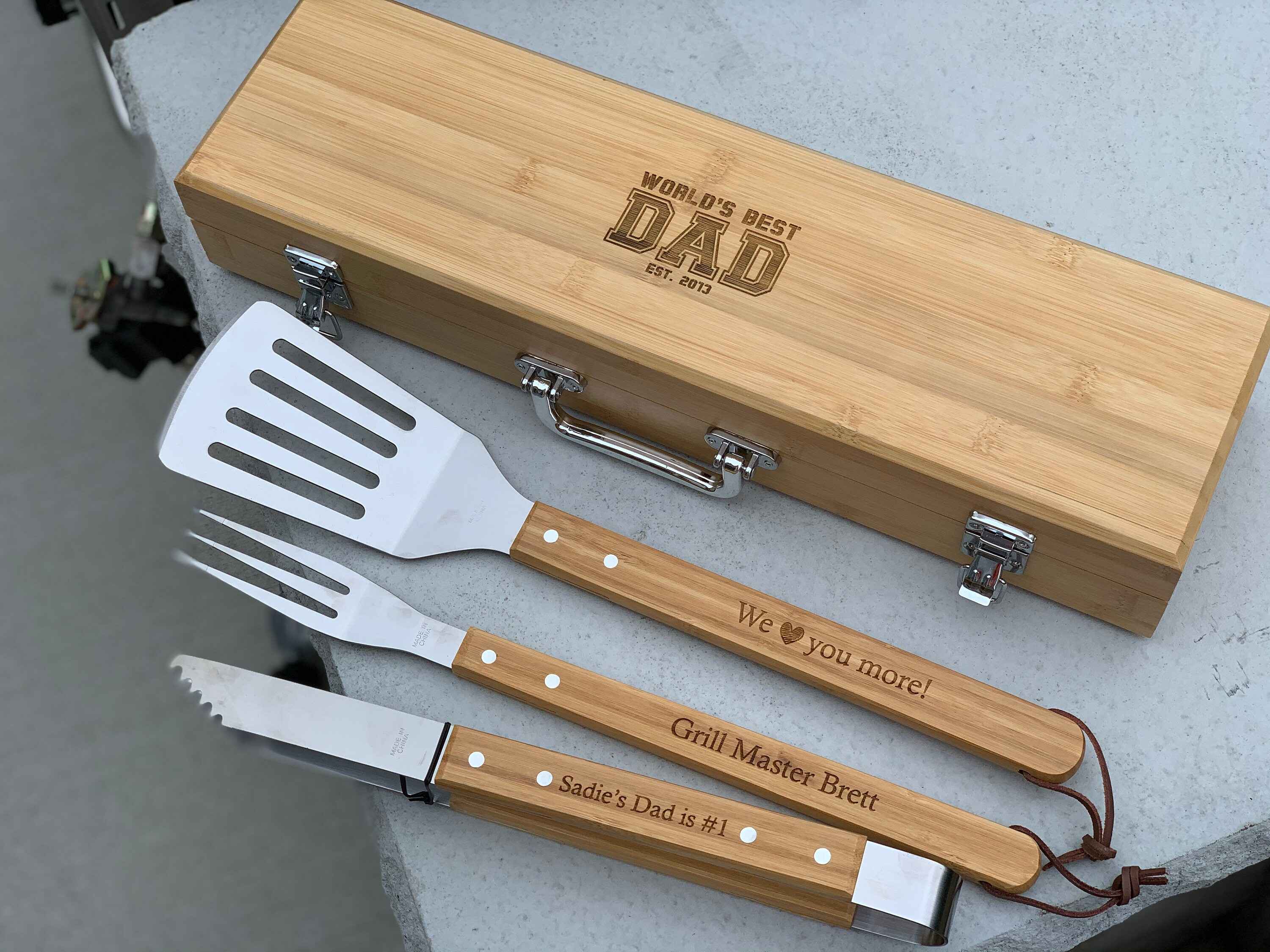 Grill Tools Set | Tong, Spatula, Fork and Storage Box | Personalized Fathers Day Gift