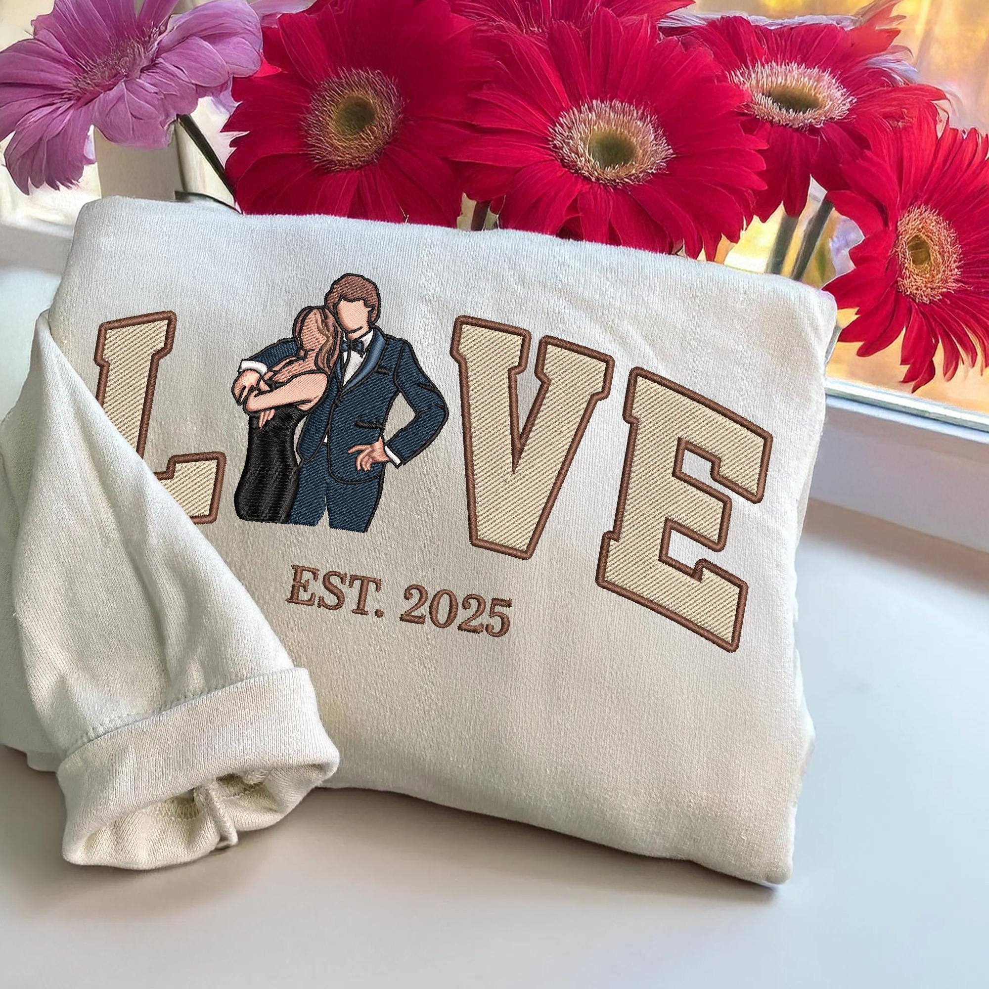 Embroidered Custom Couple Photo Portrait Hoodie With Anniversary Date