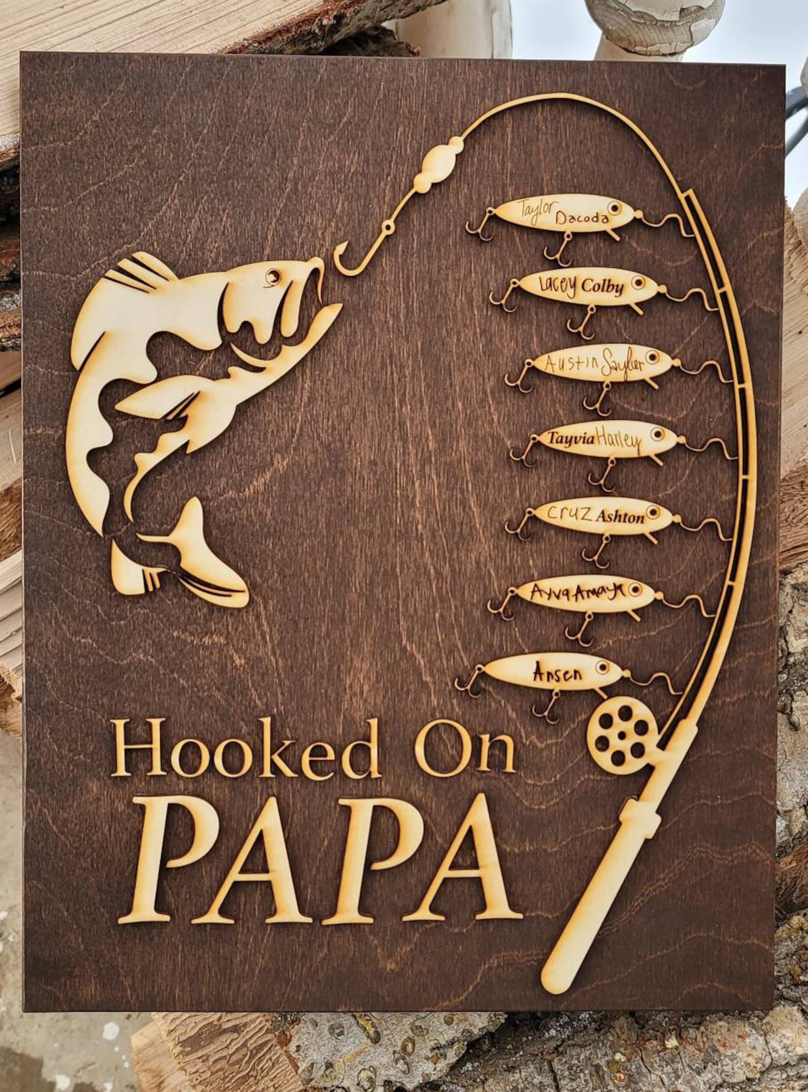 Gift for Papa Hooked on Grandpa/Papa/Dad Birthday Sign Personalized Customized Fishing Trip Gift