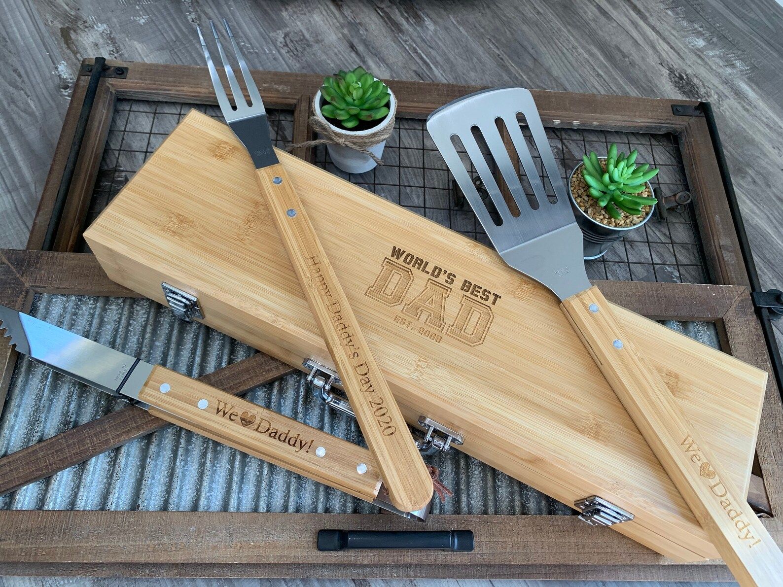 Grill Tools Set | Tong, Spatula, Fork and Storage Box | Personalized Fathers Day Gift