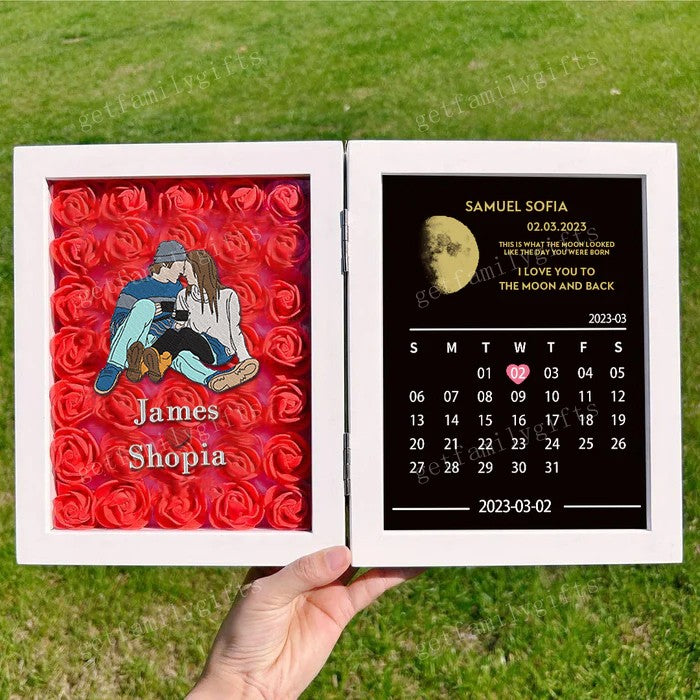 Custom Couple Portrait Flower Shadow Box With Moon Phase Calendar Frame