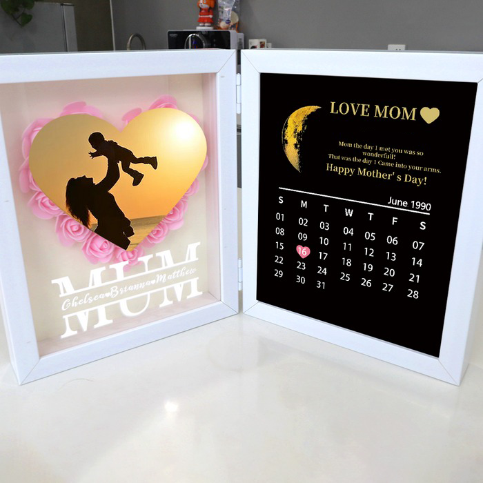 (Mom Photo With Name) With REAL MOON PHASE Anniversary Calendar Custom flower frame