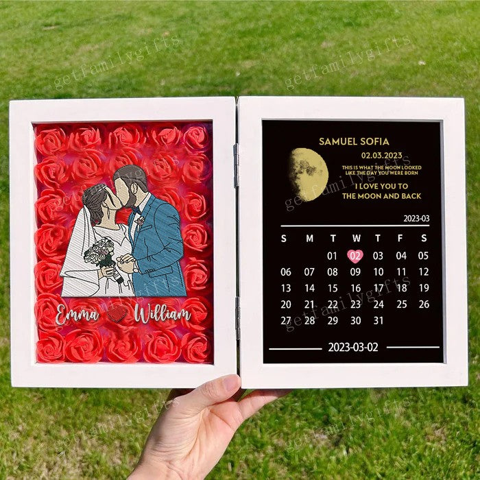 Custom Couple Portrait Flower Shadow Box With Moon Phase Calendar Frame