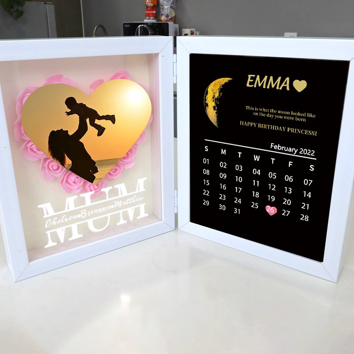 (Mom Photo With Name) With REAL MOON PHASE Anniversary Calendar Custom flower frame