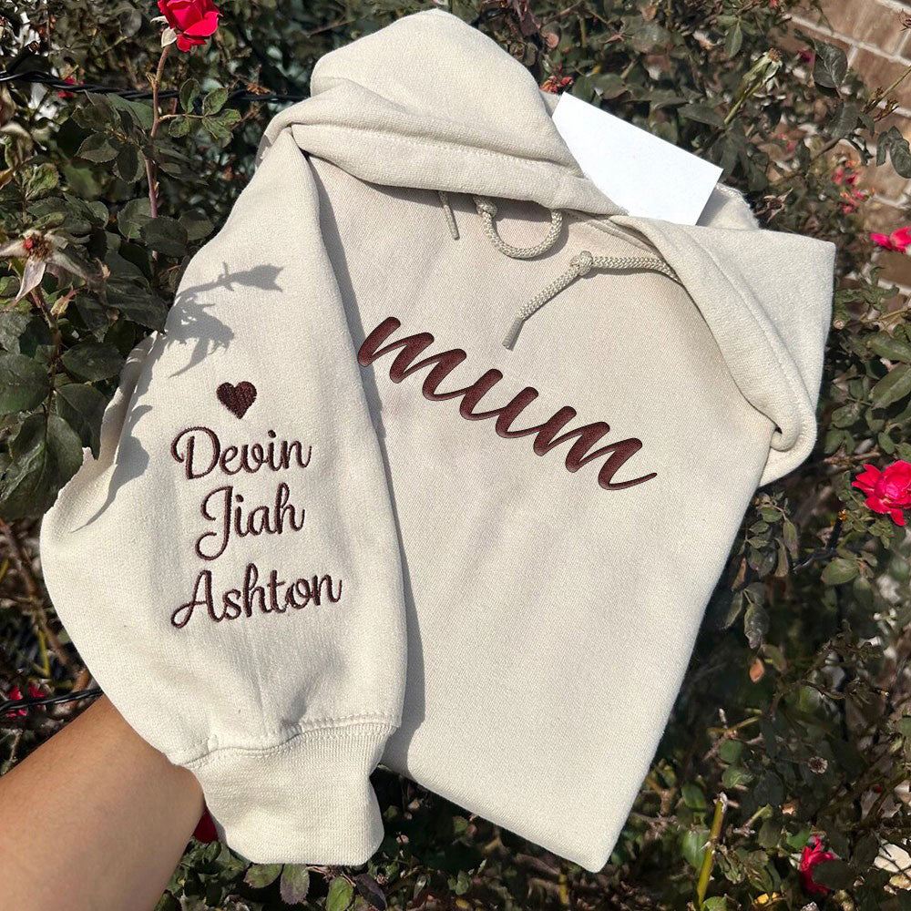 Custom Embroidered Mum Sweatshirt with Kids Names on Sleeve Mother's Day Gift for Mum Grandma