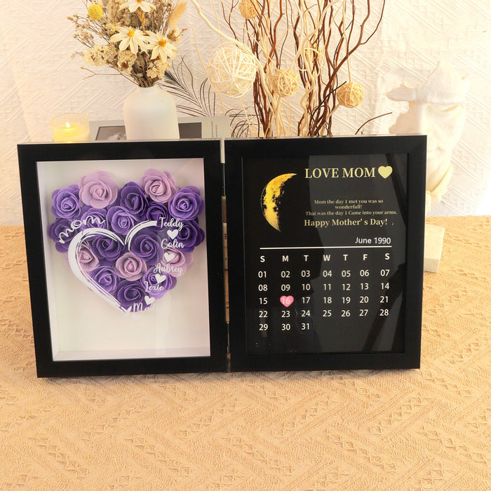 Mommy Hearts With REAL MOON PHASE Anniversary Calendar Custom Flower Frame