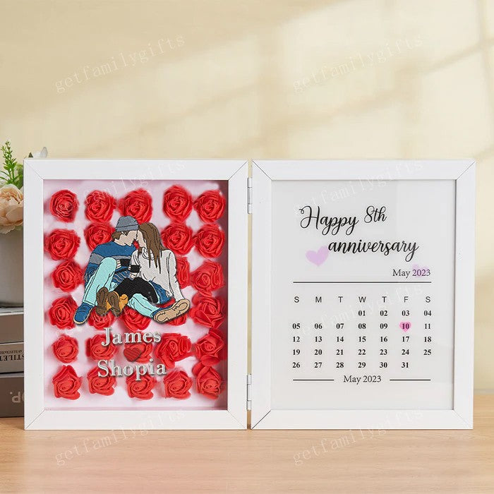 Custom Couple Portrait Flower Shadow Box Anniversary Calendar Frame