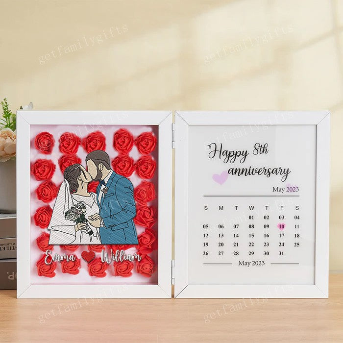 Custom Couple Portrait Flower Shadow Box Anniversary Calendar Frame