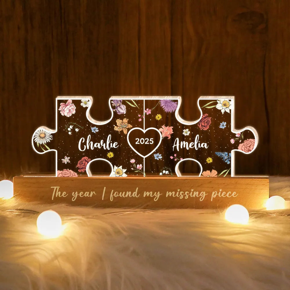 You Are My Missing Piece Couple Initials Floral Theme Personalized Acrylic LED Night Light