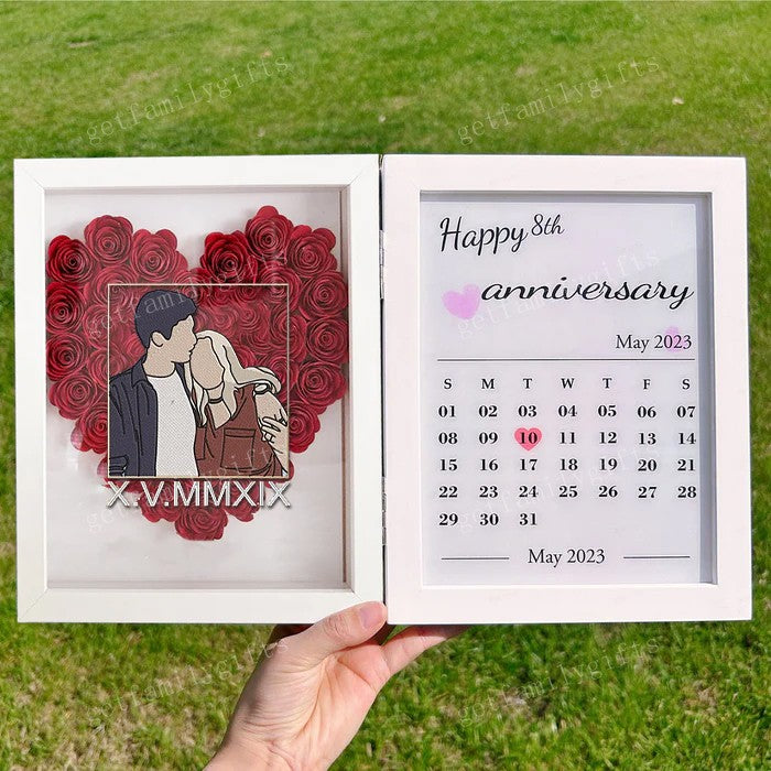 Custom Heart Shape Couple Portrait Flower Shadow Box Calendar Frame