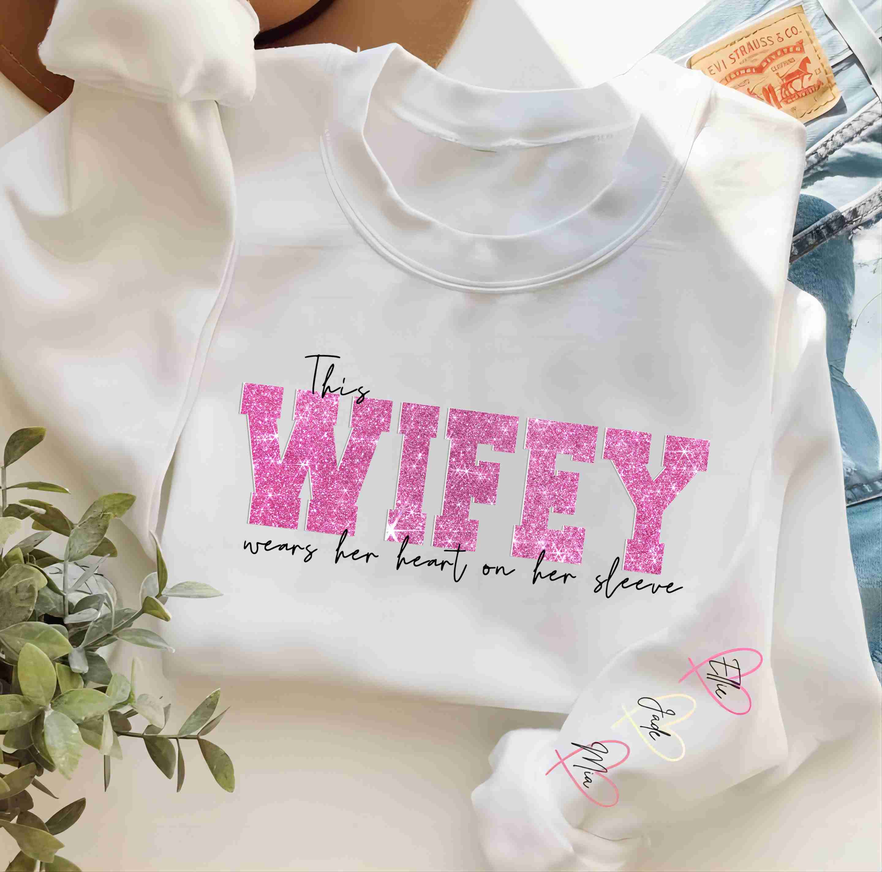 Personalized Wifey Wear Heart On Sleeve Mama Hot Stamping Sweatshirt with Kid Names on Sleeves-Mother's Gift (Customized free)