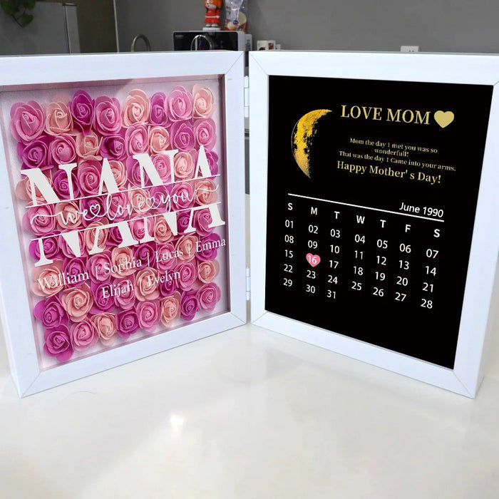 Mom We Love You With REAL MOON PHASE Anniversary Calendar - Personalized Flower Shadow Box