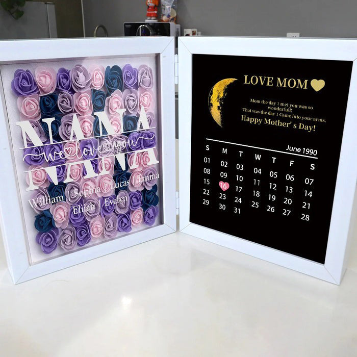 Mom We Love You With REAL MOON PHASE Anniversary Calendar - Personalized Flower Shadow Box