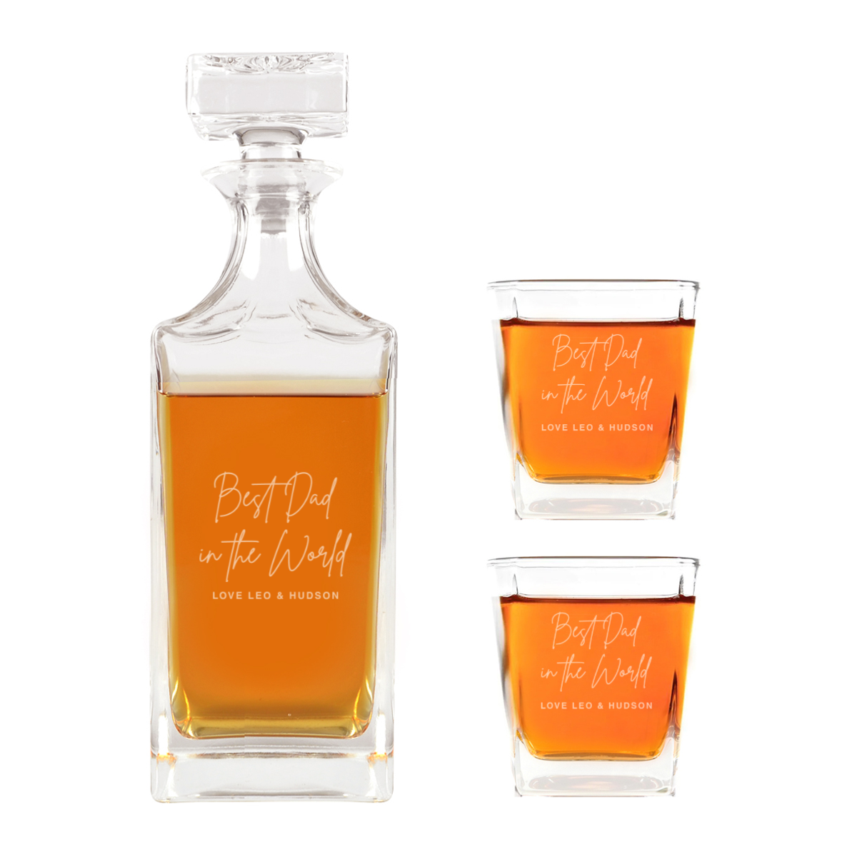 Father's Day Engraved Deluxe Square Whiskey Decanter PLUS 2 Scotch Glasses