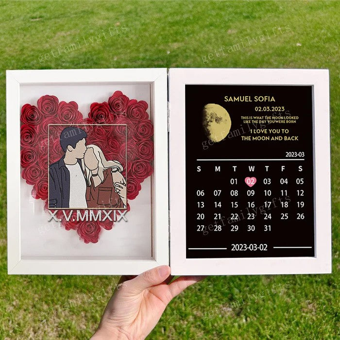 Custom Different Styles Couple Portrait Heart Shape Flower Shadow Box With Moon Phase Frame