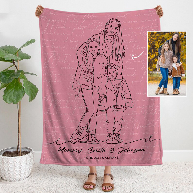 Custom Line Drawing Mom Blanket, Family Line Art Drawing Portrait