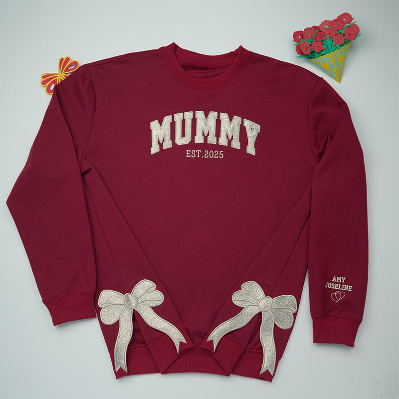 Customized Glitter Mum Side Bow Cut Out Embroidered Sweatshirt