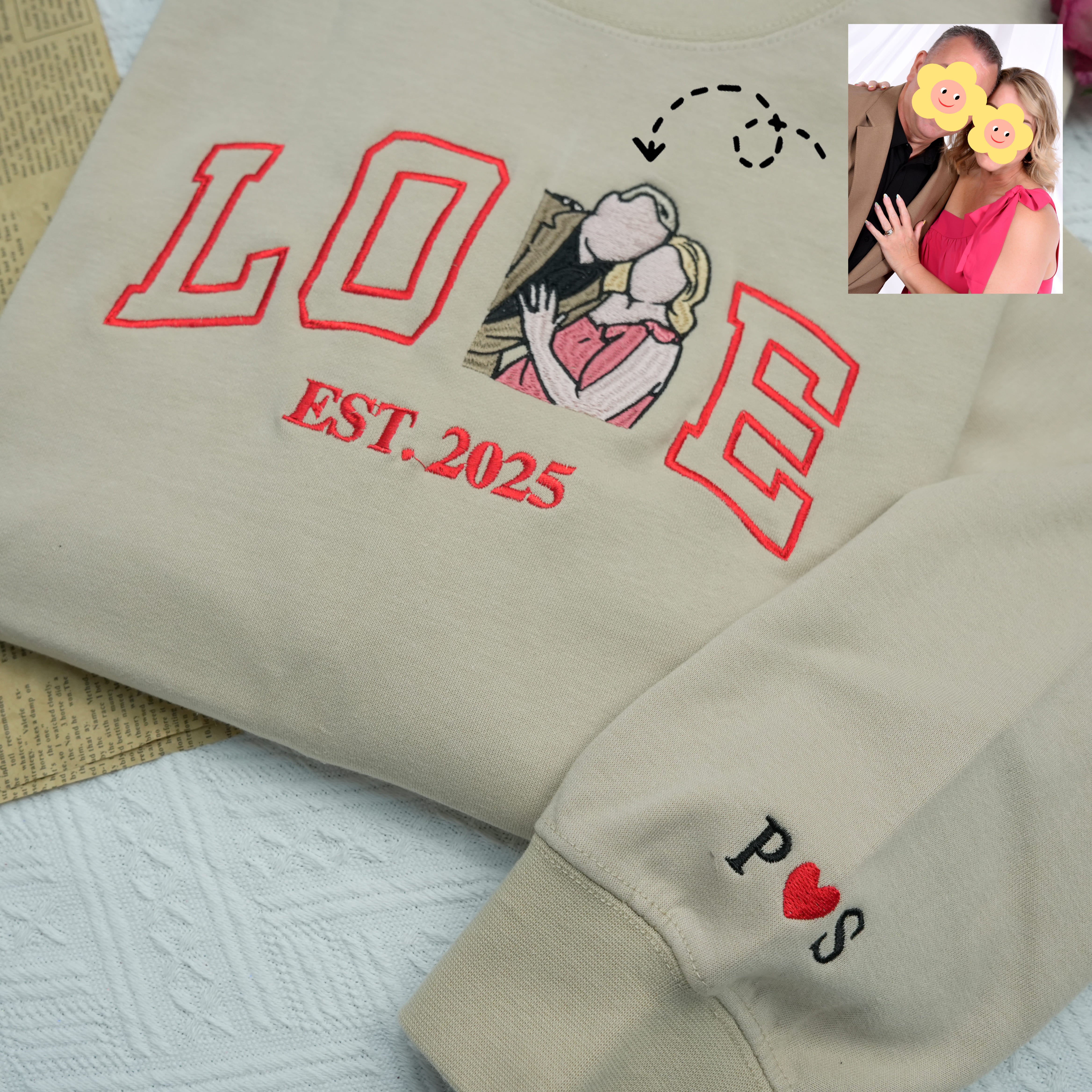 Custom Embroidered Couple Portrait Love Sweatshirt Hoddie For Valentine